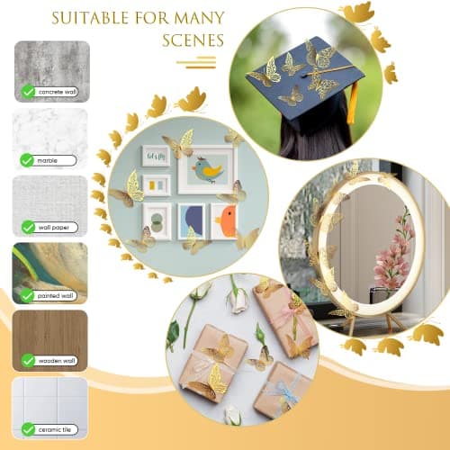 3D Gold Butterfly Wall Decor 3 Sizes 4 Styles Butterfly Party Decorations Cake Decorations Removable Stickers Wall Decor Room Mural Metallic Kids (Gold, 48Pcs) — view 4