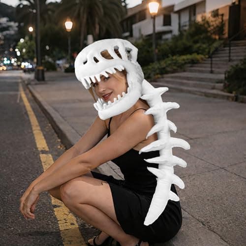 3D Dinosaur Skeleton Costume, Vivid Spine Extension & Skull Mask Wearable Outfit for Halloween Dino Cosplay (White) — view 2