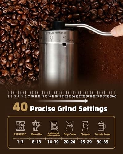 Manual Coffee Grinder with 40 Adjustable Grind Settings With Ceramic Conical Burr,Handheld Grinder with Handle Crank, Portable Hand Coffee Mill with 35g Capacity,Espresso,Pour Over,French Press