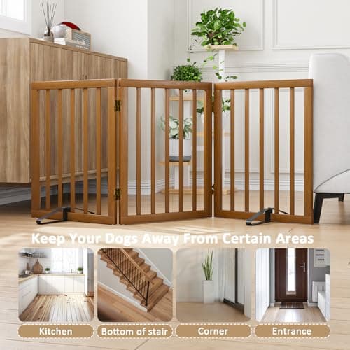 Freestanding Pet Gate Foldable Dog Gate (55 inches Wide) Walnut Bamboo Door Gates for Stair Doorways House Dog Fences Indoor (2 Support Feet Included) — view 3