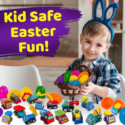 stargo 8 Pack Colorful Prefilled Easter Eggs Bulk with Toys - Mini Car Set Construction Engineering Vehicles Pull-Back Cars. Plastic Easter Eggs Filled, Basket Fillers, Party Favors, Boys Goodie Bags — view 4