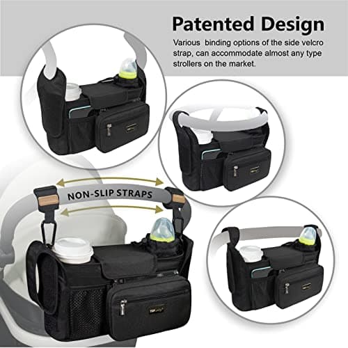 TOPDesign Universal Baby Stroller Organizer, Stroller Caddy with Heightened Insulated Cup Holders & Non-Slip Secure Hooks Accessories, Fits Most Strollers, Machine Washable (Black) — view 2