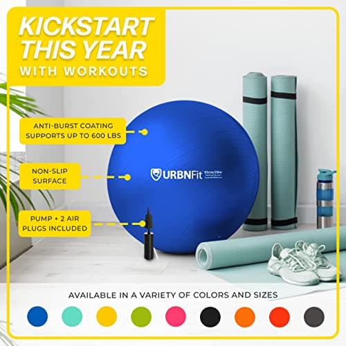URBNFit Exercise Ball - Yoga Ball for Workout, Pilates, Pregnancy, Stability - Swiss Balance Ball w/Pump - Fitness Ball Chair for Office, Home Gym, Labor- Teal, 26 in