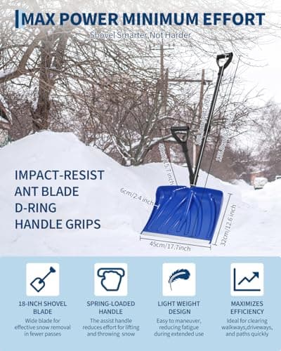 18-Inch Steel Snow Shovel with Dual D-Ring Handle, 4.5 lbs Lightweight Ergonomic Snow Pusher, Durable Ice Scraper for Driveway, Walkway, Patio, Car, and Garden, Blue — view 5