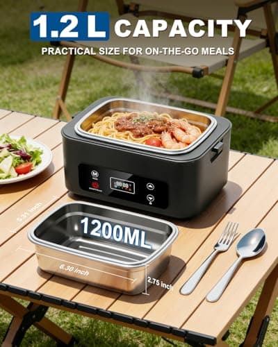 Moexili Electric Lunch Box, 2026 Upgraded 1.2L Cordless Heated Lunch Box, 24000mAh Battery Powered Food Warmer with Timer, 5-Sided Heating, Leakproof, for Office, Outdoors & Truck (Pure Black) — view 3