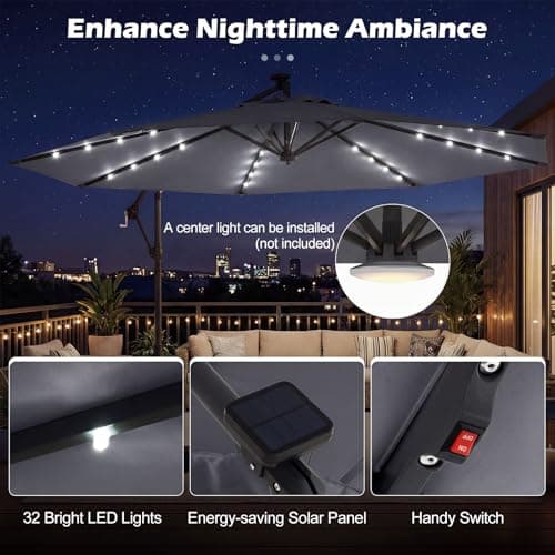 Tangkula 10ft Solar Patio Umbrella with Base Included, Offset Cantilever Outdoor Umbrella with 32 LED Lights, 360 Degree Rotation, Crank Handle for Pool Deck Garden Backyard (Gray) — view 2