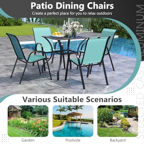 COSTWAY Patio Dining Chairs Set of 4, Stackable Outdoor Chairs with Armrest and High Back, Breathable Fabric & Metal Frame Chair for Garden Poolside Backyard Deck (Turquoise) — view 7
