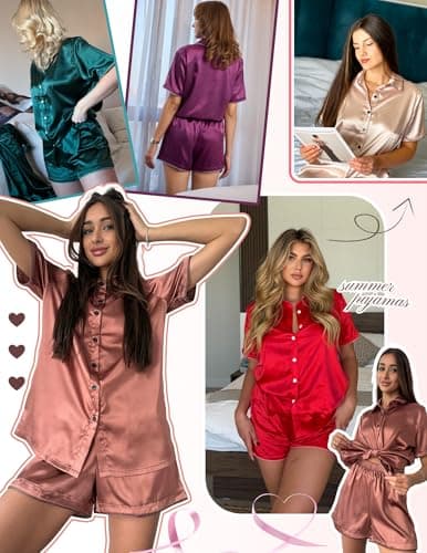 Ekouaer Silky Satin Pajamas Sets for Womens Short Sleeve Button Down Sleepwear 2 Piece Lounge Set Pjs Shorts Summer Outfits Black — view 4