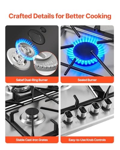 VEVOR 36 inch Gas Cooktop 5 Burners Gas Stove Top, Max 38300BTU Built-in Stainless Steel Stove Top LPG/NG Convertible Dual Fuel Cooktop Stoves with SABAF Dual-Ring Burner for Kitchen Apartment Rvs — view 5