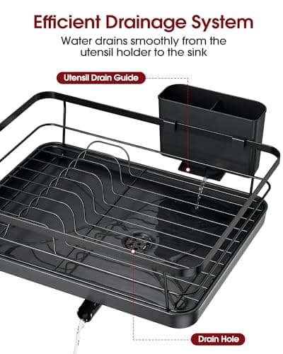 Sakugi Dish Drying Rack - Compact Dish Racks with Drain Board for Kitchen Counter, Durable Stainless Steel Dish Rack Used in Sink & on Countertop, Dark Black, Large — view 2