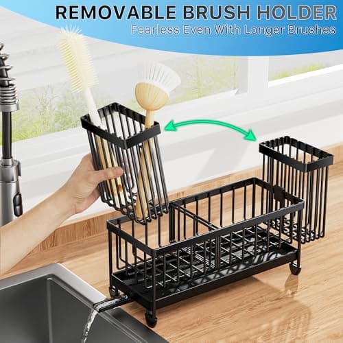 Cisily Sponge Holder for Kitchen Sink, Sink Caddy Organizer with High Brush Holder, Kitchen Countertop Organizers and Storage Essentials, Rustproof 304 Stainless Steel (Black, 9.25″) — view 2
