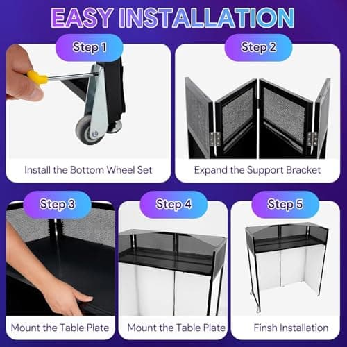 BBTEQEKN Upgraded Portable DJ Booth with Wheels, 44" x 20" DJ Stage Setup with Replaceable Black and White Scrims, Folding Portable Bar Table for Party, Wedding, Events — view 5