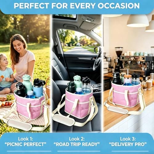 4 Compartment Insulated Drink Carrier Holder Bag, Multiple Tumbler Caddy Family Size Drink Bag, Water Bottle Holder with Adjustable Strap, Drink Caddy Tote for Coffee, Travel, Outings (Black) — view 3
