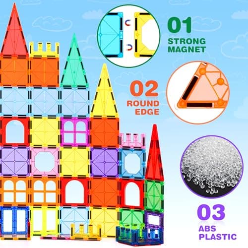 Magnetic Tiles, 122PCS Magnetic Building Blocks with 2 Cars, Large Magnet Building Set,STEM Sensory Educational Toys Gift for Toddlers Kids Boys Girls. — view 2