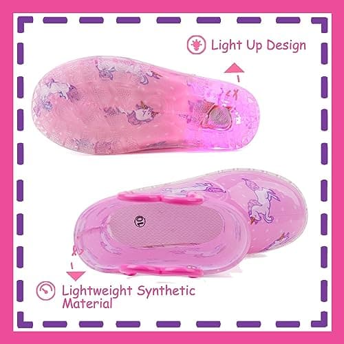 OUTEE Toddler Girls Rain Boots Little Kids Baby child Light Up Waterproof Rubber Shoes Unicorn Printed Mud Lightweight Adorable with Easy-On Handles Non Slip Sole Pink Size 8 — view 3