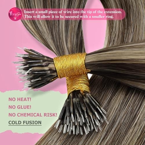 YoungSee Nano Link Hair Extensions Human Hair Dark Brown Highlights Caramel Blonde Nano Ring Human Hair Extensions Cold Fusion Hair Extension Nanobead 16in Invisible Nanoloop Extension 50 Strands 50g — view 2