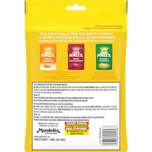 HALLS Honey Lemon Flavour Cough Drops, Throat Lozenges, Sore Throat Relief, Mentho-Lyptus, 80 Lozenges, Prepared in Canada — view 6