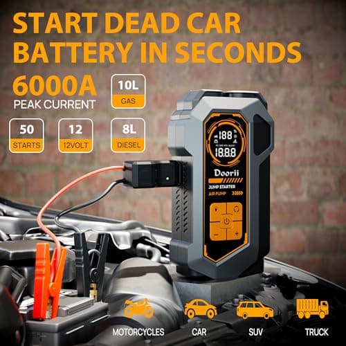 Doorii 6000A Jump Starter with Air Compressor, 10-in-1 Car Jumper Starter Portable, 150PSI Tire Inflator/Air Pump, LED Flashlight for Up to 10.0L Gas / 8.0L Diesel Engines