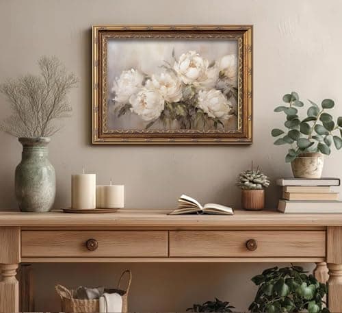 Vintage Gold Framed Vintage Flower Wall Art Retro White Floral Wall Decor Retro Peony Artwork Picture for Home Living Bedroom Farmhouse Hallway — view 2