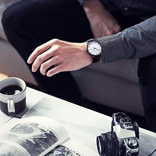 BUREI Men Watches Fashion Minimalist Waterproof Leather Watches for Men Women Student,White Black. — view 2
