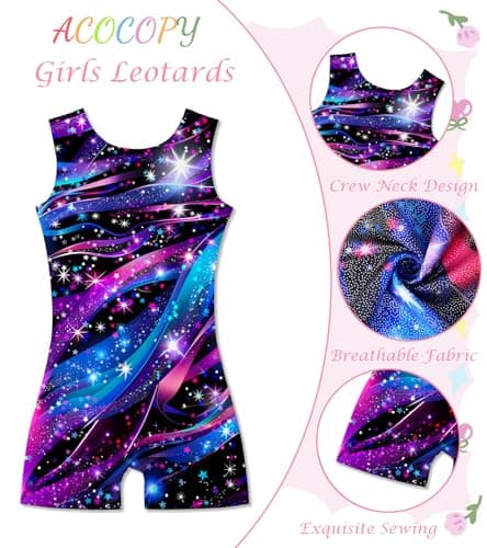 ACOCOPY Leotards for Girls Gymnastics Stretchy Purple Blue Biketard Unitard Bling Quick Dry Dance Bodysuits Size 6-7 — view 3