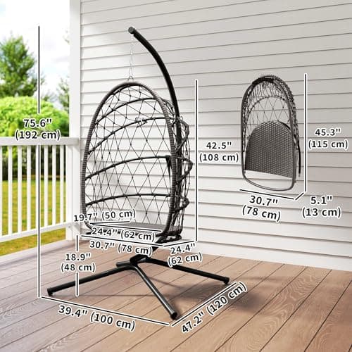 Outsunny Hanging Egg Chair with Stand, Foldable Wicker Rattan Swing Chair with Thick Cushion and Safety Rope for Patio Garden, Supports 264 lbs, Brown — view 6