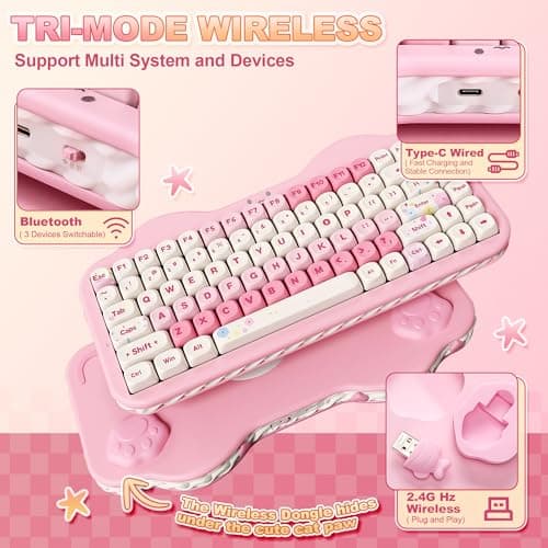 YUNZII C75 Wireless Mechanical Keyboard, 75% Layout Hot Swap Creamy Keyboard NKRO, Cute Keycaps RGB Backlit Gasket Mount, Cute Cake Design BT5.0/2.4G/USB-C for Win/Mac (Pink, Candy Linear Switch) — view 2