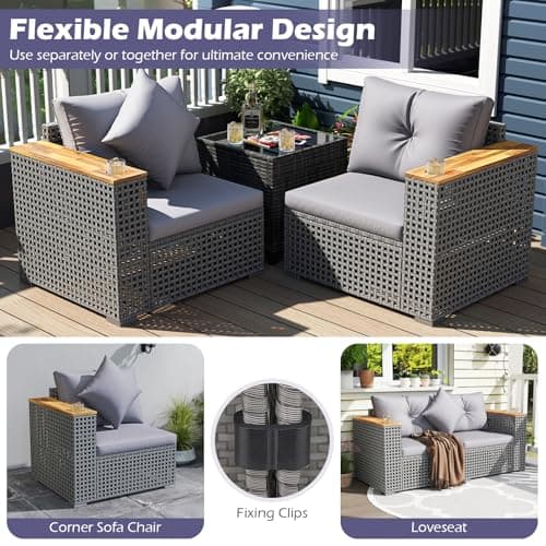 Tangkula 62.5" Large Patio Wicker Loveseat with Acacia Wood Armrests & Cup Holders, Outdoor 2-Piece Rattan Corner Sofa with Cushions, Sectional Conversation Set for Garden Backyard Porch Balcony, Grey — view 4