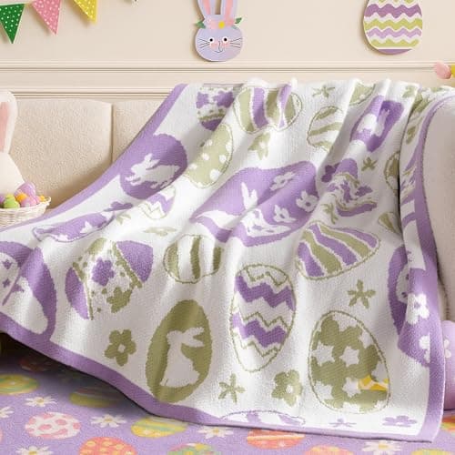 Amélie Home Animal Chenille Throw Blanket for Couch, Bunny and Eggs Knit Throws, Cozy Soft Summer Party Themed Blankets for Sofa, Bed, Gift & Decor, 50"x60", Purple/Green