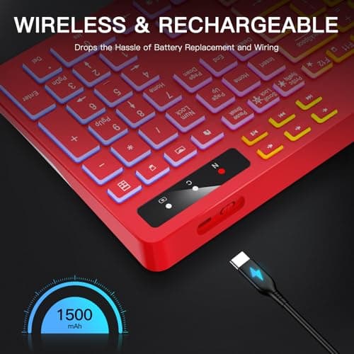Soueto Wireless Keyboard with 7-Color RGB Backlit, Full-Size Computer Keyboard with Phone Tablet Holder, 2.4G Rechargeable Gaming Keyboard with Light Up Keys, Compatible with Mac, Windows (Red) — view 5