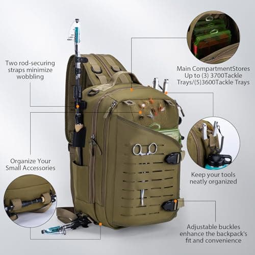 Goture Fishing Sling Bag, Khaki with 3*Green Handles 3600, Waterproof Heavy-Duty Multi-Pocket Unisex Angler Gear — view 2