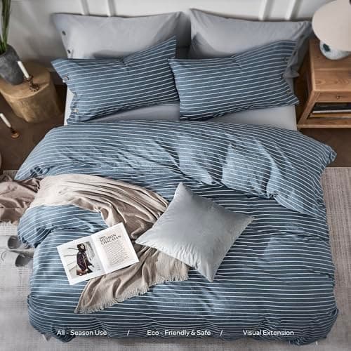 JELLYMONI Pinstriped 100% Washed Cotton Linen Like Duvet Cover Set, 3 Pieces Luxury Soft Bedding Set with Buttons Closure, Blue Stripes Pattern Printed Duvet Cover Twin Size(No Comforter) — view 7