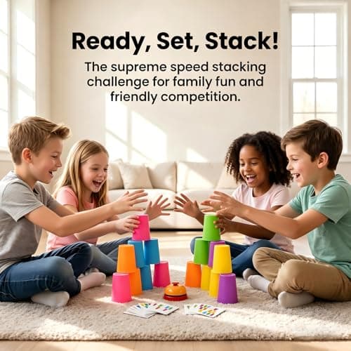 Speed Stacking Cups Game Set - 12 Stacking Cups, 54 Cards, Bell - Cup Stacking Set for Competitive Play & Cognitive Training - Family Battle or Classroom Stacking Game, Parent-Child Interactive Toy — view 3