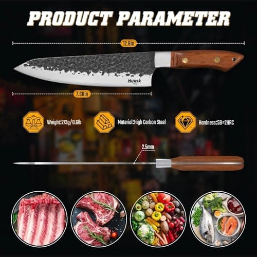 Huusk Japanese Chef Knife 8 inch, Hand Forged Kitchen Knives with Ergonomic Full Tang Handle, High Carbon Steel Cooking Knife for Home Kitchen, BBQ, Camping, Christmas Gifts for Man — view 3
