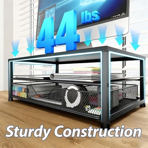 OPNICE Desk Organizer and Accessories, 2-Tier Computer Monitor Stand Riser with Drawer and 2 Pen Holders, Laptop Stand, Office Desk Accessories for Office Supplies, Black — view 4