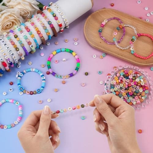Gionlion 1200+Pcs Colorful Round 4x7mm Letter Beads for Bracelet Making, Acrylic Alphabet Beads for Jewelry Making, DIY Friendship Bracelets with Gold Letters on Colorful Beads