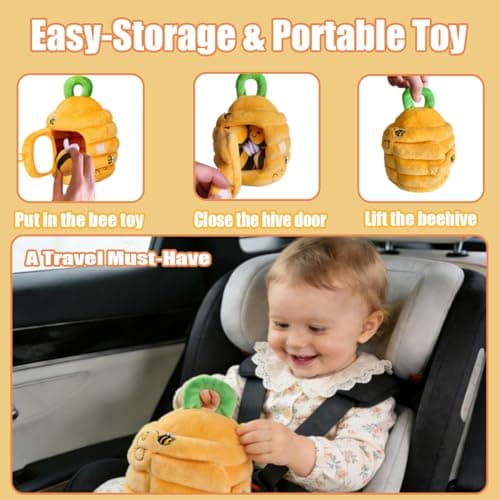 Baby Toys 6-12 Months- Baby Soft Beehive Toy with 5 Sensory Bees Soft Plush Montessori Toy with Rattles, Crinkle & Mirror Gift for 1 Year Old Boys & Girls Shower & First Birthday Present(Yellow) — view 4
