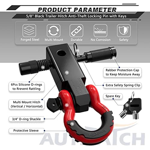 AUTMATCH Shackle Hitch Receiver 2 Inch - 3/4" D Ring Shackle and 5/8" Trailer Hitch Lock Pin, 45,000 Lbs Break Strength Heavy Duty Receiver Towing Kit for Off-Road Vehicle Recovery, Black & Red — view 5