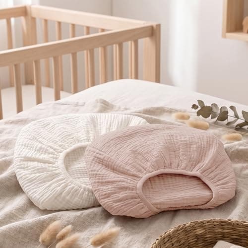 Muslin Bassinet Sheets 2 Pack, Soft Breathable Fitted Sheets for Bedside Sleeper Bassinet, 33x20 Inch, Snug Fit Baby Bassinet Mattress Cover for Newborn Boys Girls (Gentle Colors) — view 2