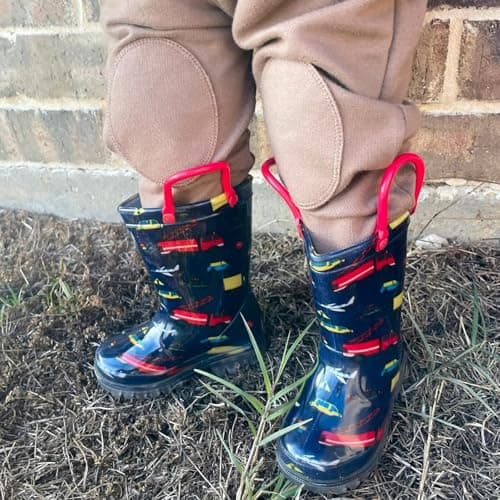 EUXTERPA Kids Toddler Light Up Rain Boots Boys Waterproof Patterns and Glitter Boots with Easy On Handles, Car, Toddler Size 10