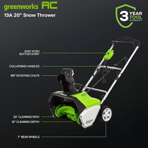 Greenworks 13 Amp 20-Inch Corded Electric Snow Blower-Walk-Behind Snow Thrower with 180° Adjustable Chute & 30FT Throwing Distance & 8" Clearing Depth, Ideal for Driveway, Walkway & Yard Snow Removal