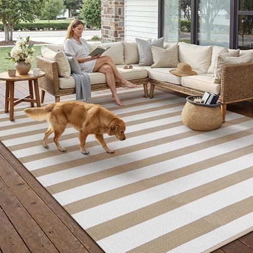 PureCozy Outdoor Waterproof Patio Rug 6x9 Plastic Straw Reversible Lightweight Outside Beige Stripe Large Carpet Outdoor for Camping RV Porch Deck Balcony Beach — view 4