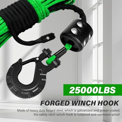 TYT Synthetic Winch Rope Kit, 1/4" x 50' (10,000 lbs) with Protective Sleeve, Heavy-Duty Hook, Rubber Stopper & Safety Pull Strap, for ATV/UTV and Off-Road 4x4 Vehicles (Green) — view 3