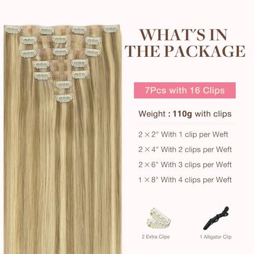 GOO GOO Seamless Clip in Hair Extensions Human Hair, 20inch 110g 7Pcs, #16/22 Light Blonde Highlighted Golden Blonde, Hair extensions for women, Human Hair Extensions Clip in