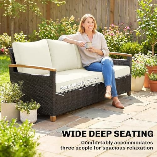 Outsunny 3 Seater Outdoor Couch Sofa, PE Wicker Patio Couch with Wide Deep Seat, 4" Cushions, Wood-Effect Armrests and Legs, Patio Furniture Couch for Garden, Backyard, Cream White — view 5