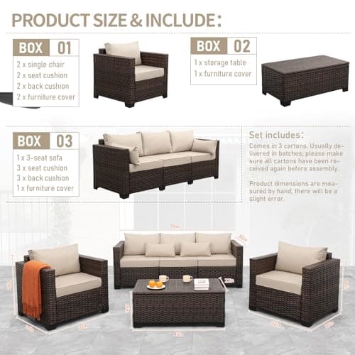 Oasishine Outdoor Patio Furniture Set 4 Pieces Wicker Outdoor Furniture Chairs and Sofa Patio Storage Table Non-Slip Cushions and Waterproof Covers, Khaki — view 5