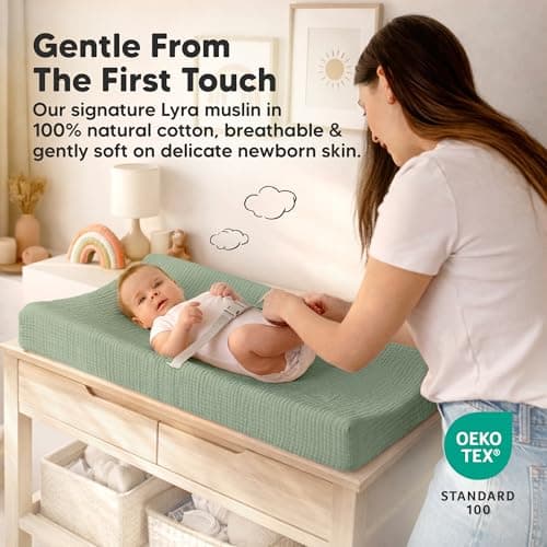 2-Pack Muslin Diaper Changing Pad Covers Boy, Girl – Soft Breathable Muslin Cotton Changing Table Cover, Organic Baby Changing Pad Sheets, Contoured Change Pads Liners Washable 34 x 18 (Slate) — view 2