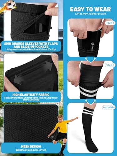 Gnodio Kids Soccer Shin Guards with Sleeves and Socks Set Youth Toddler Shin Pads Long Socks for 3-12 Years Boys Girls Lightweight Soccer Equipment Black M — view 4