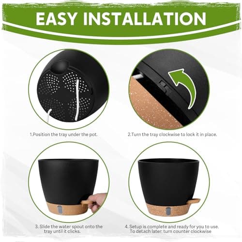 Self Watering Pots for Indoor Plants (5/5.5/6/6.5/8 Inch), Terra Cotta Planters with Water Level Indicator & Drainage,Wicking Pots for Monstera, Herbs & Snake Plant (Black, 5/5.5/6/6.5/8 Inch) — view 2