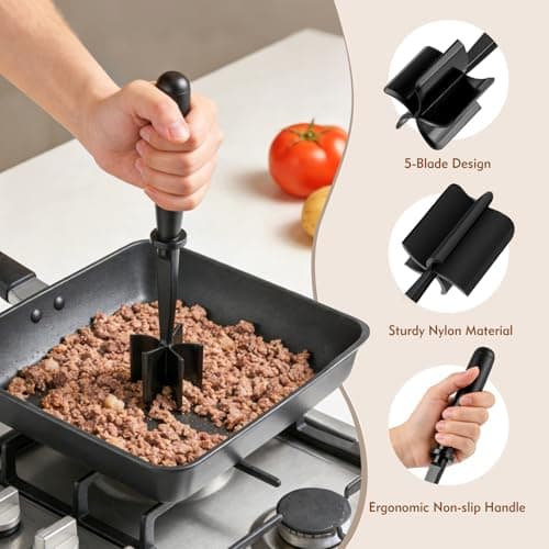 ZASZO Meat Masher, Ground Beef Chopper Tool with 5 Curve Blades & Ergonomic Non-Slip Handle, Nylon Hamburger Smasher Tool Heat Resistant Non Stick(Black) — view 2